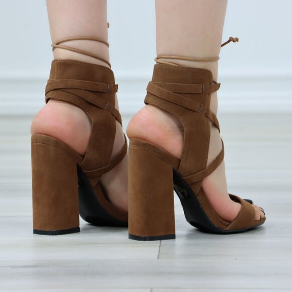 Strappy High Heels Sandals Open Toe Brown Faux Suede Ankle Lace up - Picture 7 of 11